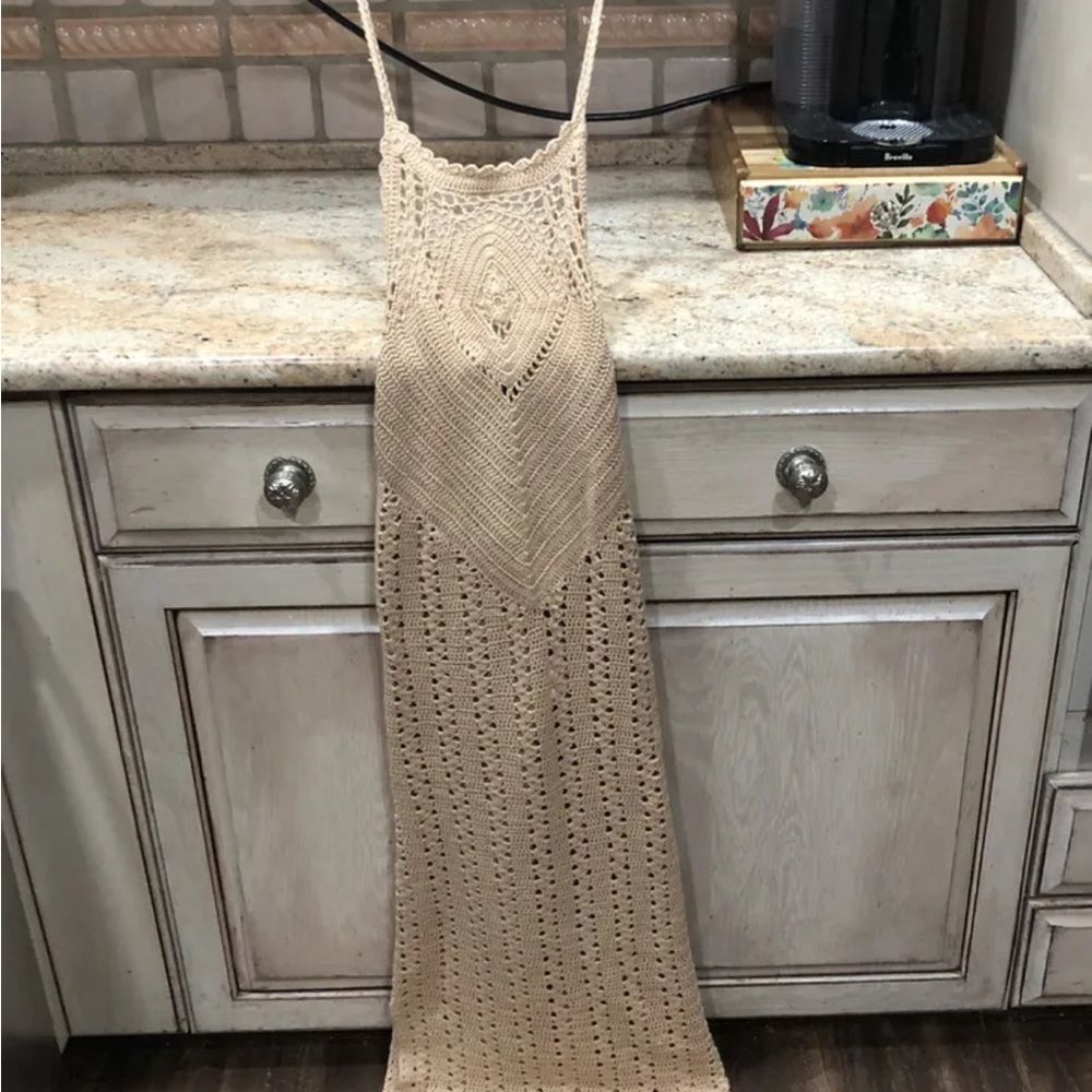 Free People Spell And The Gypsy Mirage Midi Maxi Dress Crochet Side Slits Nude - Picture 7 of 7